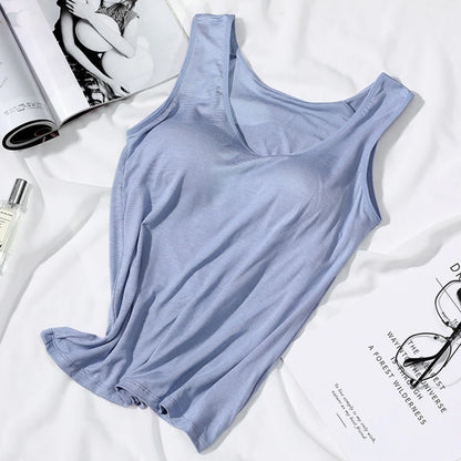 2023 Women'S Vest Tops with Built in Bra Neck Vest Solid Color Padded Slim Fit Tank Tops Sexy Shirts Feminino Casual Tank Tops
